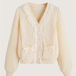 TEMU 유럽&미국 스타일 새로운 스위트 봄/가을 데일리 멀티탑, 솔리드 컬러 레이스 리본 가디건 코트 여성용