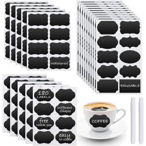 TEMU 180개의 방수 칠크보드 라벨과 지울 수 있는 화이트 초크 마커 2개가 포함된 제품, 병, 용기, 주방, 식료품 저장 및 사무실 정리용 재사용 가능한 접착식 블랙 라벨