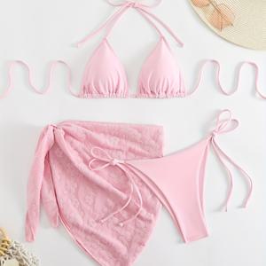 TEMU 랩 스커트와 타이가 있는 섹시 비키니 3피스 세트