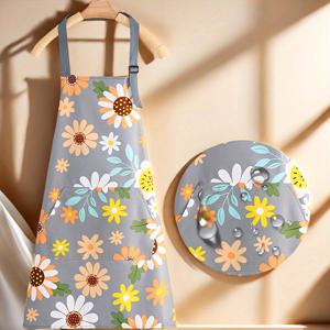 TEMU 조절 가능한 플로럴 프린트 앞치마, 홈/가드닝용 대형 포켓, 조절 가능한 어깨끈 - 세탁 가능하고 청소가 쉬움, 주방/야외 요리 및 가드닝에 이상적, 스타일리시한 핑크와 그레이 플로럴 디자인, 어머니날 선물, 가드닝 도구, 야외 바비큐, 가정 청소, 레스토랑 사용에 완벽