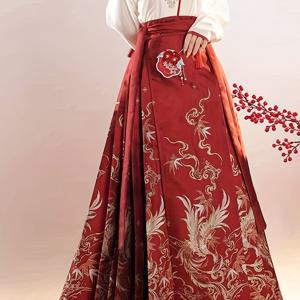 TEMU 원피스 하이웨이스트 타이업 빈티지 플리츠 앵클 길이 스커트, 중국풍 프린트, 말얼굴 패턴, 고풍스러운 휴가 맥시 드레스