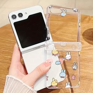 TEMU 삼성 갤럭시 Z 플립 5 / Z 플립 6용 휴대폰 케이스, 귀여운 만화 토끼 패턴의 투명 PC 하드 힌지, Z 플립 4 / Z 플립 3 5G용 초박형 낙하 방지 보호 커버
