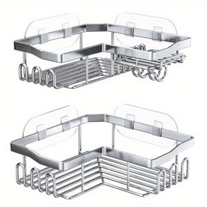 TEMU 2개 세트 코너 샤워 선반 (11개 후크 포함), 면도기, 비누, 샴푸 정리를 위한 정리 공간을 제공합니다. 욕실 및 주방 수납에 적합하며, 스테인리스 스틸 욕실 용품은 신학기에도 좋습니다.