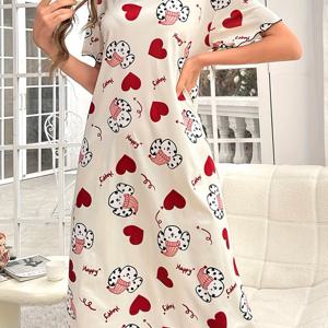 TEMU 여성용 캐주얼 반팔 티셔츠 나이트가운 - 달마시안 강아지 & 하트 프린트, 사계절용 라운드넥 세탁 가능 라운지 드레스, 비침 없는 편안한 여성 잠옷, 플레이풀 파자마, 쾌적한 나이트가운