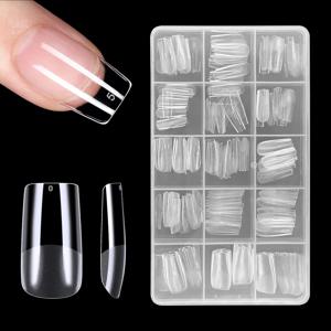TEMU 240개 다양한 모델 네일팁, 스퀘어 15사이즈 투명 인조네일 풀커버 아크릴 네일팁, 연장 네일 매니큐어 살롱 홈 DIY용