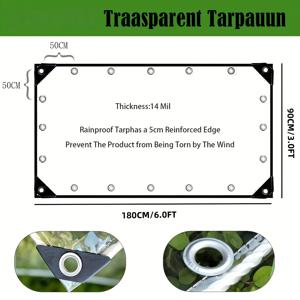TEMU 그로밋이 있는 튼튼한 투명 타프. 14Mil 두께의 투명 플라스틱으로 제작되었습니다. 이 찢김 방지 PVC 비닐 커버는 온실, 파티오, 현관, 야외 퍼걸라 및 닭장에 적합합니다.