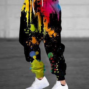 TEMU 남성용 3D 컬러 스플래시 프린트 조거 팬츠 - 생동감 넘치는 스플래터 디자인, 드로스트링 허리 & 포켓, 레귤러 핏 기계 세탁 가능 캐주얼 팬츠, 운동복, 스트릿웨어 패션, 트렌디한 스타일, 통기성 원단, 젊은 성인용