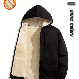 TEMU 남성용 가을/겨울용 지퍼 및 후드 플리스 재킷. 두꺼운 단색 상의 디자인. 부드럽고 주름 방지, 보풀 방지 기능으로 야외 활동 및 캐주얼 홈웨어를 따뜻하게 가꿔줍니다.