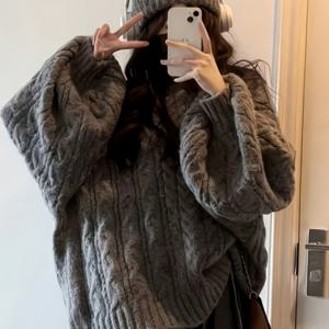 TEMU 프린트 디자인 - 무질감, 릴랙스 빈티지 스타일, 도톰한 V넥 루즈핏 니치 숏 케이블 스웨터, 가을/겨울 한국 스타일 활용도 높은 상의