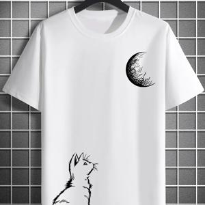 TEMU 남성 패션 추상 달 & 새끼 고양이 프린트 티셔츠 - 여름용 캐주얼 라운드 넥 반팔 티, 레저 및 캠핑에 완벽