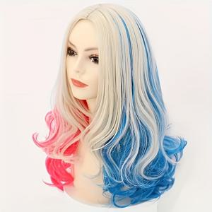 TEMU 빨간색과 파란색의톤이 있는 긴 물결 모양의 금발 모발이 특징인 여성용 인조 가발입니다. 할로윈 코스튬 롤플레잉, 마스커레이드 뮤직 페스티벌 등에 착용하기 위해 디자인되었습니다.
