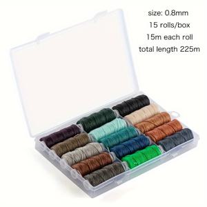 TEMU 15색 0.8mm/0.45mm 왁스 폴리에스터 코드 세트, 1개 투명 박스 포함, 다색 왁스 폴리에스터 실, 보석 제작용 가죽 재봉 왁스 실, 가죽 공예, DIY 프로젝트, 각 롤당 0.8mm 왁스 코드 15m (약 16.4 야드), 0.45mm 왁스 코드 40m (약 43.7 야드)