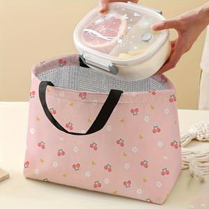 TEMU 체리 프린트 점심 가방, 여성용 단열 점심 가방, 단열되지 않은 점심 상자 용기, 재사용 가능, 사무실, 직장, 음식 접촉 없음, 해변 또는 여행용 누출 방지 캐리어 온 더블 사이드 프린트 열 가방