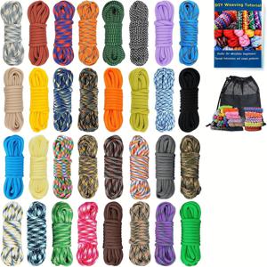 TEMU 32개 컬러 나일론 로프 세트, DIY 팔찌 만들기 키트(설명서 포함), 애완동물 칼라 짜기 용품, 야외 캠핑 및 하이킹 장비, 마그네슘 스트라이커 제외, 인장 강도 122파운드.