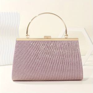 TEMU 우아한 플리츠 클러치 이브닝백, 대용량 반짝이 핸드백 탑 메탈 핸들, 디너, 파티, 웨딩 클러치