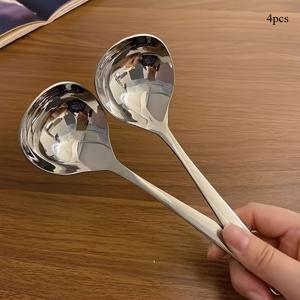 TEMU 4개 세트 우아한 스테인리스 스틸 수프 스푼 세트 - 긴 손잡이, 내구성 및 다용도, 냄비, 죽에 적합 | 가정, 레스토랑 및 푸드 트럭 사용에 완벽