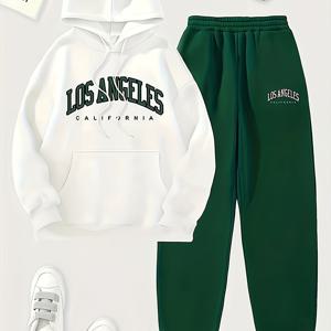 TEMU 여성용 레터 프린트 및 드로스트링이 있는 후드 스웨트셔츠 및 바지 세트