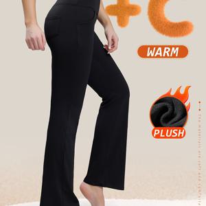 TEMU 신상 가을/겨울용 플리스 요가 바지, 하이웨이스트 힙업 플레어 팬츠, 벌거벗은 느낌, 높은 탄성, 두꺼운, 약간 플레어 여성용 캐주얼 런닝 및 쇼핑 스포츠 팬츠