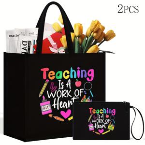 TEMU 2개 세트 검정색 천 핸드백, 프린트, 지식은 마음의 일, 말, 레저 스타일, 접이식, 손세탁 가능, 휴대용 여행 비치 백, 메이크업 가방 포함