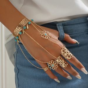 TEMU 블루 자갈 술 펜던트와 오픈워크 메탈 패턴 무명지 팔찌가 있는 골든 오픈워크 패턴 팔찌 반지, 휴가 스타일