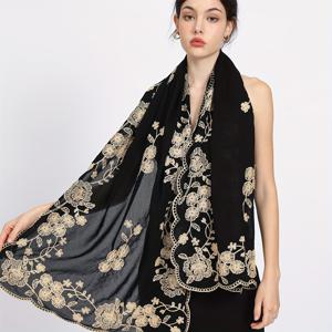 TEMU 1개 블랙 플로럴 자수 스카프 - 빈티지 우아한 럭셔리 핸드메이드 숄 & 스카프 듀얼용, 고급스러운 겨울 액세서리, 저녁 외출·파티·웨딩용 - 세련된 디자인의 헤어 스타일링 및 결혼식 소품, 고급 질감 선물 아이디어