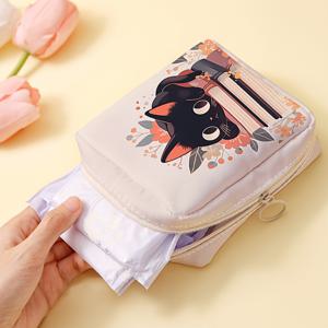 TEMU 1개, 만화책 고양이 패턴 프린트 휴대용 대용량 생리대 보관 가방, 사탕 및 잡동사니 보관 가방, 경량 다기능 가방