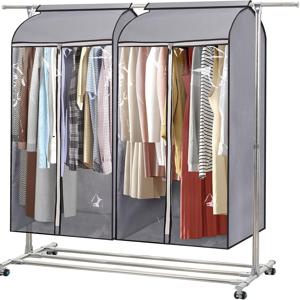 TEMU 43인치 옷걸이용 의류 보관백, 옷장 수납용 완전 밀폐형 코트백, 대형 투명창 및 지퍼 3개 포함 (행거 미포함), 2개입