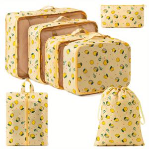 TEMU 7개 블랙 나일론 보관 가방, 노란색과 초록색 꽃무늬 프린트 - 옷, 신발, 양말을 위한 다기능 정리함 | 여행 및 가정용으로 휴대 가능, 접이식, 지퍼 가방, 여행 정리함 | 장식 보관함 | 지퍼 가방