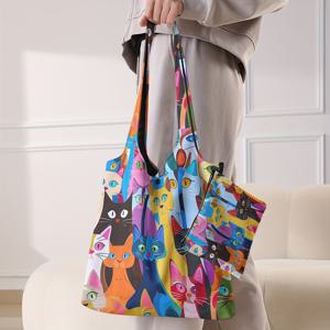 TEMU 대용량 2개입 멀티펑셔널 엄마와 여행용 가방, 카툰 고양이 프린트 핸드백, 휴대용 숄더백, 재사용 가능한 쇼핑백