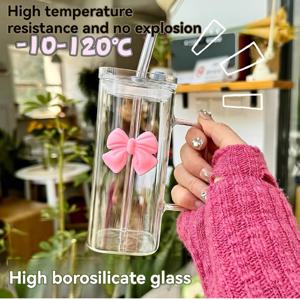TEMU 투명하고 사용하기 쉬운 사각 물컵, 인스 스타일 나비 리본과 손잡이 유리 빨대 컵, 내열 커피 우유 컵