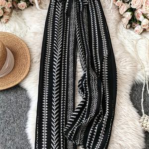 TEMU 흑백 기하학 프린트 와이드 레그 팬츠, 에스닉 스타일 하이웨이스트 타이 포함, 드레이프드 캐주얼 바닥 기장 바지