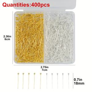 TEMU 400개입 18mm 긴 볼 헤드 핀 박스, 투톤 세트, 구부릴 수 있고 절단 가능, 수제 팔찌, 목걸이, 귀걸이, 주얼리 제작 헤드 핀, 수제 추가 재료, 골드 200개/실버 200개