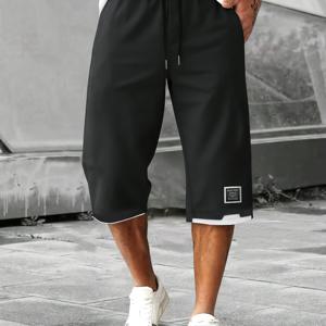 TEMU 남성용 스타일리시 여름 드로스트링 페이크 투피스 캐주얼 7부 스포츠 루즈 카고 반바지, 야외 활동에 적합하며 편안하게 혼합 및 매치 가능