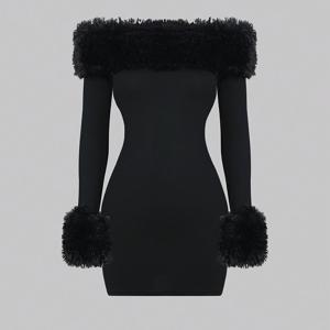 TEMU 가을/겨울 컬렉션 섹시 로맨틱 페이크 패치워크 바디콘 드레스, 데이트 및 직장에 완벽, 오프숄더 디자인, 단색, 다재다능, 쉬운 착용, 허리 주름, 스타일리시