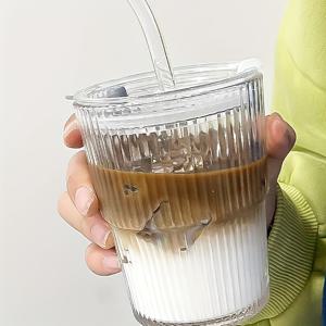 TEMU 1개 유리 커피 머그컵, 빨대 & 뚜껑 포함, 12.35-13.53oz - 커피, 차, 우유용 튼튼한 음료컵 | 가정 및 사무실 사용에 적합