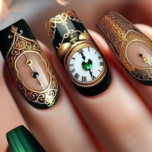 TEMU 여성용 24피스 프레스온 네일 세트, 중간 길이 스타일, 녹색 네일 9개, 시계 디자인 네일 2개, 패턴 녹색 빈티지 알람 시계 디자인 네일 13개 포함. 할로윈, 크리스마스, 새해, 설날, 일상, 외출, 파티에 적합한 여성용 프레스온 네일. 젤리 글루와 네일 파일 포함