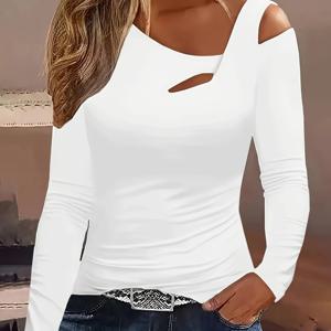 TEMU 체리 빈 디렉션: 오프숄더 홀로우 비대칭 솔리드 컬러 티셔츠