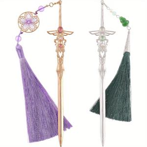 TEMU 태슬이 달린 우아한 금속 검 책갈피 2개 세트 - 검 모양 디자인, 보라색 & 녹색, 책 애호가 & 공예 애호가를 위한 이상적인 선물