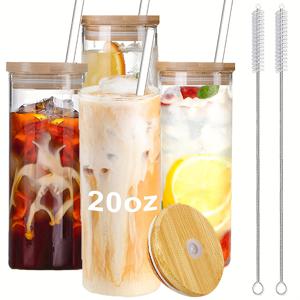 TEMU 20Oz 고 붕규산 유리 컵 4개 세트, 뚜껑 4개, 빨대 4개, 브러쉬 2개 포함, 칵테일, 주스, 음료, 파티 컵, 커피 컵, 물 컵, 유리제품, 스무디 컵에 적합, 파티, 가정 및 카페에 이상적