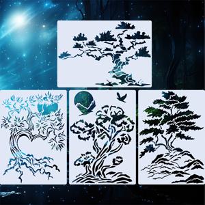 TEMU 4개 세트 풍경 & 소나무 스텐실 세트, 8.27x11.69인치 - 홈 데코, 공예 등에 적합한 다용도 DIY 아트 템플릿 | 재사용 및 세척 가능, 목재, 캔버스, 종이 등에 그림 그리기에 이상적, 공예용 스텐실 재사용 가능