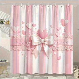 TEMU 1개 파스텔 핑크 & 화이트 샤워 커튼, 새틴 리본 & 하트 모티브 - 우아한 레이스 트림 폴리에스터 욕실 장식, 70.8x70.8인치, 세탁기 사용 가능 & 후크 12개 포함, 쉬운 관리 소재