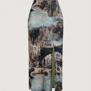 TEMU 여성용 빈티지 오일 페인팅 프린트 슬림핏 스커트 - 타이 다이 아티스틱 디자인, 사이드 슬릿, 세탁기 사용 가능 반투명 원단, 사계절 우아한 스타일, 몸매 선모양