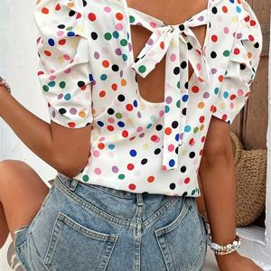 TEMU 여성용 우아한 도트 프린트 리본 타이 백 퍼프 슬리브 블라우스 - 가벼운 기계 세탁 가능 라운드넥 셔츠, 봄/여름 캐주얼~포멀 웨어, 스프링 패션 탑, 신축성 없는 소재, 통기성 좋은 직장복, 스타일리시 여성 상의