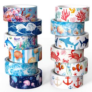 TEMU 바다 테마 와시 테이프 세트, 해초, 앵무어, 상어, 조개, 산호 디자인 12롤 포함, 블루 색상, 다이어리, 스크랩북, 미술 및 공예, 선물 포장에 적합