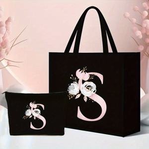 TEMU 2개 세트 핑크 꽃 글자 패턴 토트백 - 가벼운 삼베 소재와 귀여운 동전 지갑 - 쇼핑, 여행 및 해변에 완벽 - 내구성 있고 다용도