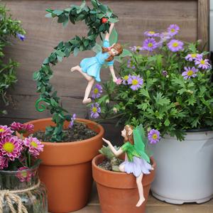 TEMU 3개 플라워 피킹 소녀, 자매 꽃밭 놀이, 창의적인 야외 정원 장식 분재 조각상, 홈 장식, 가족 선물, 형광 날개, 수제 레진 공예