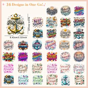 TEMU 36개 모티베이셔널 인용구 아이언온 전사 - 플라스틱솔 DIY 데칼, 꽃무늬 & 기하학적 디자인, 티셔츠·청바지·마스크·백팩용 세탁 가능 열전사 스티커