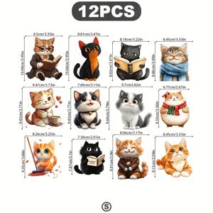 TEMU 12개 세트 귀여운 고양이 독서 패치, 빨래 가능 DIY 아이언온 스티커 - 티셔츠, 청바지, 백팩용 열전사 데칼