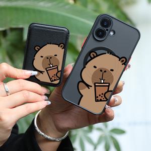 TEMU 폰 케이스: 2개 1세트 & 패셔너블 럭셔리 올인원 충격방지 브라운 그라운드호그 패턴 아이폰 15 14 13 12 11 프로 맥스 7 8 플러스 자석 흡착 폰 케이스 & 1-2개 신용카드 또는 은행카드 호환 KJ1 고품질 가죽 자석 카드 클립