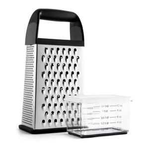 TEMU 컨테이너가 있는 전문가용 치즈 그레이터, 손잡이 장착, 주방용 스테인리스 스틸 재질, 사면으로 구성된 박스 그레이터 디자인, 채소, 생강, 감자 다지기에 적합, 블랙 색상